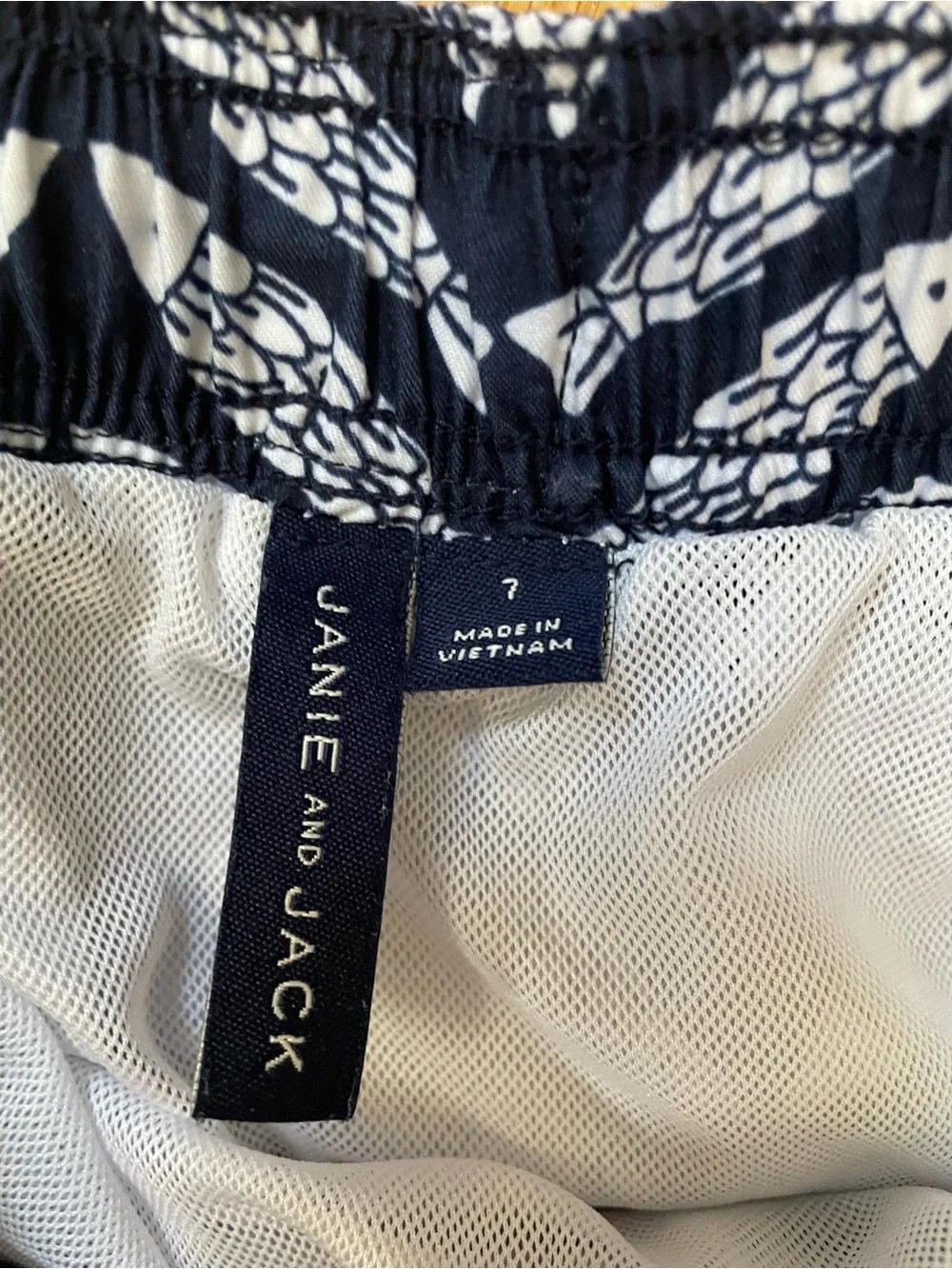 Janie and Jack Navy Fish Print Swim Trunks - boys size 7